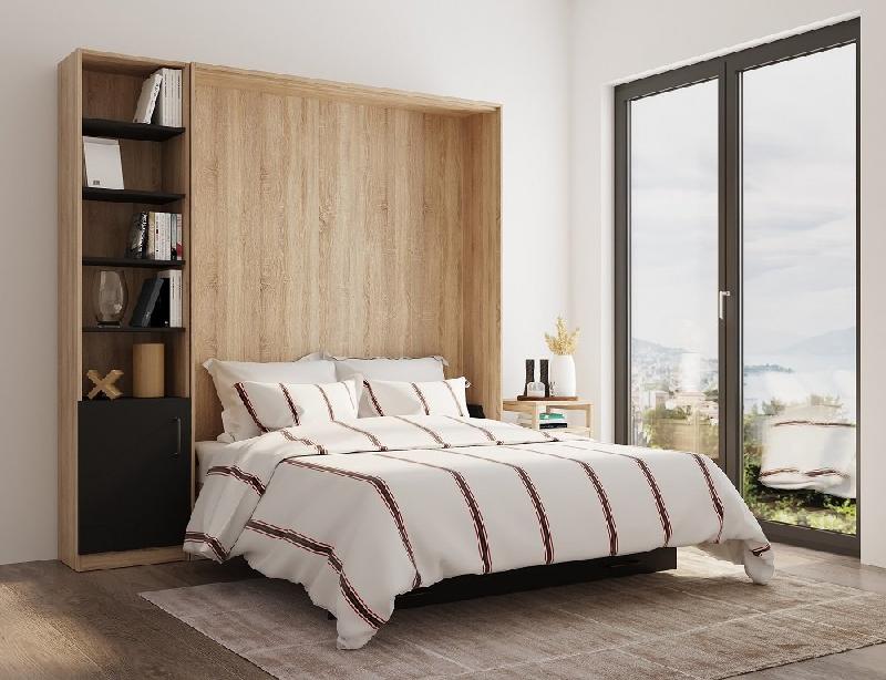 Meuble lit relevable style industriel en chêne et noir mat avec rangement