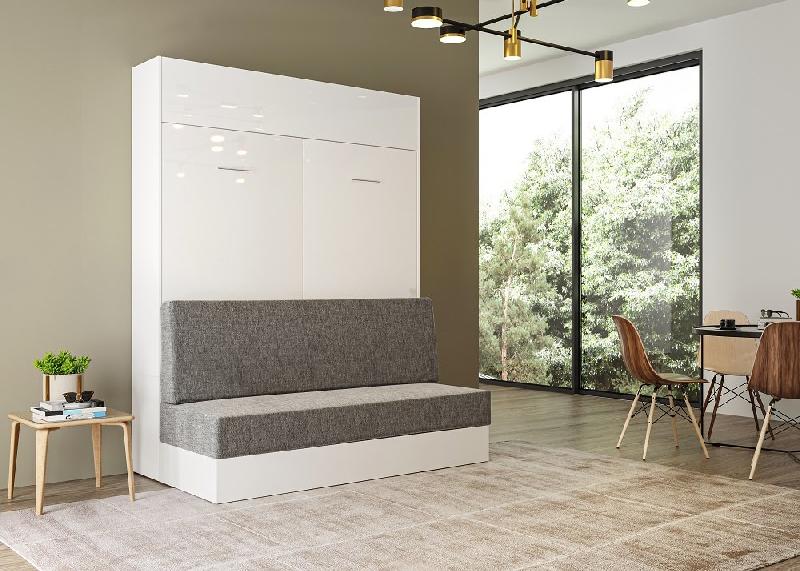 Armoire lit escamotable Dynamo Sofa - façade blanc brillant effet miroir - canapé gris - couchage 140x200 cm_1