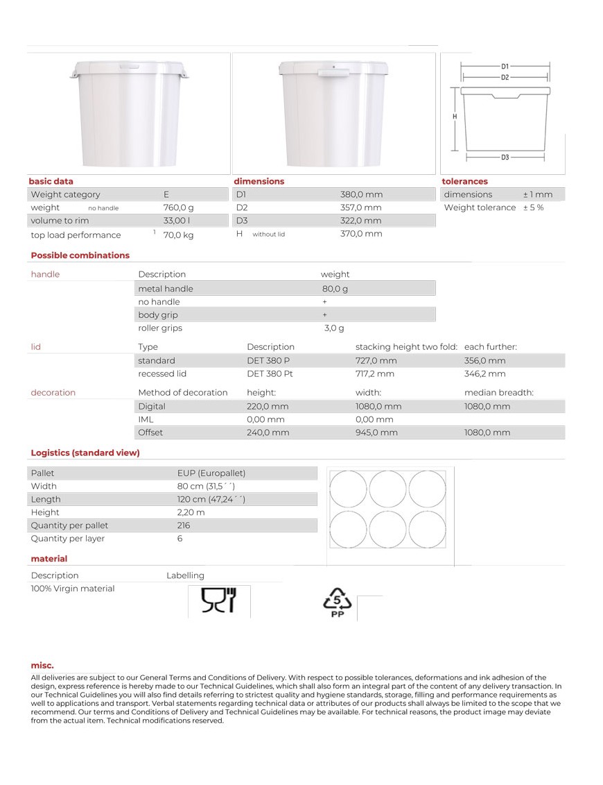 Seau plastique alimentaire 32,9 litres - 2 poignées latérales - avec couvercle_1