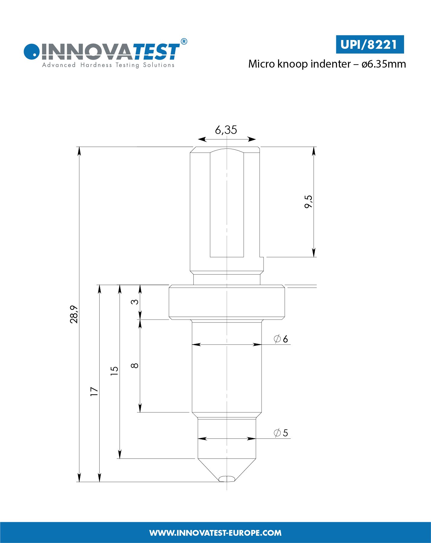 Pénétrateur Knoop - Ø6,35 mm, conforme DIN EN ISO 4545-2 et ASTM E92 Classe B - UPI/8221 - INNOVATEST FRANCE_1