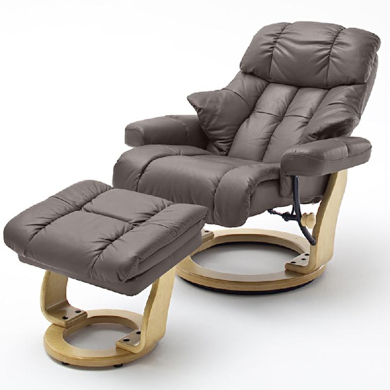 Fauteuil relax CLAIRAC XL - cuir marron, pied en bois naturel, avec repose-pied - inclinable et pivotant à 360°_1