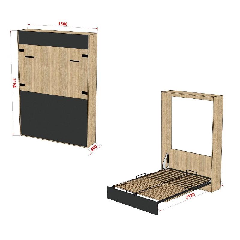 Lit escamotable industriel STUKEY - Chêne et noir mat - 140 x 200 cm avec ferrures décoratives_1