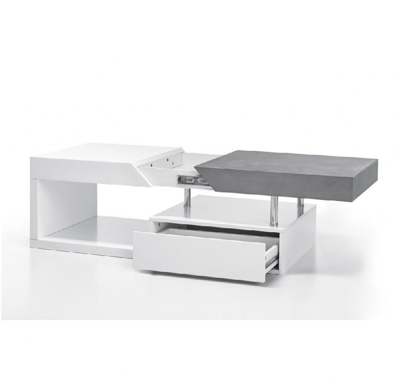 Table basse Holly - finition laqué blanc et mélaminé béton avec 1 tiroir et plateau coulissant_1