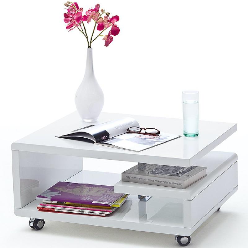 Table basse KANI - finition laquée blanc brillant - roulettes et étagère - dimensions compactes 74x60 cm_1