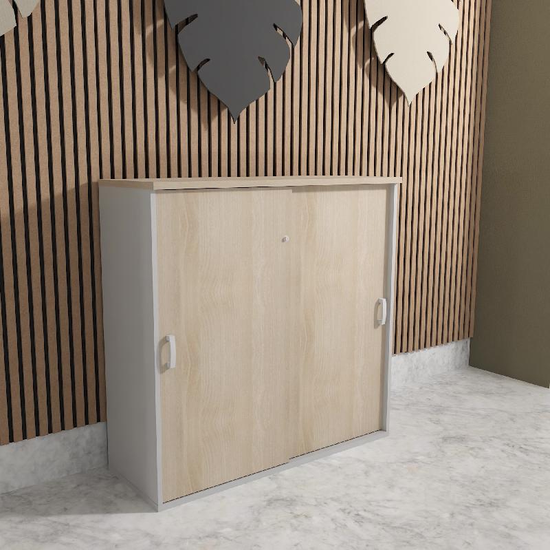 Armoire mi-haute à portes coulissantes - Mobel Linea - 120, Gris aluminium, Acacia clair_1