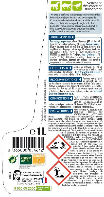 Désinfectant nettoyant surodorant animal 1L - STARWAX 5464 - Conforme normes EN1040, EN1276, EN1650_1