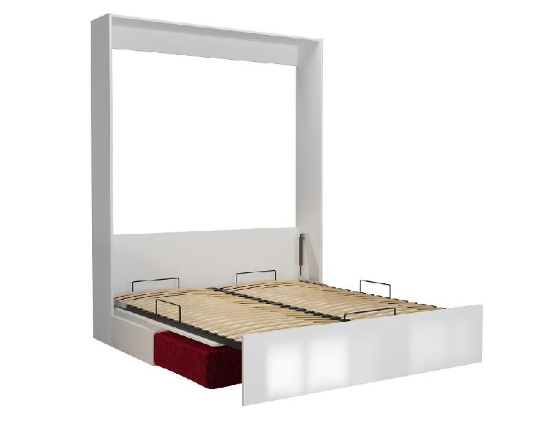 Armoire lit escamotable Dynamo Sofa - Façade blanc brillant effet miroir - Canapé 3 places rouge - Couchage 160x200 cm_1