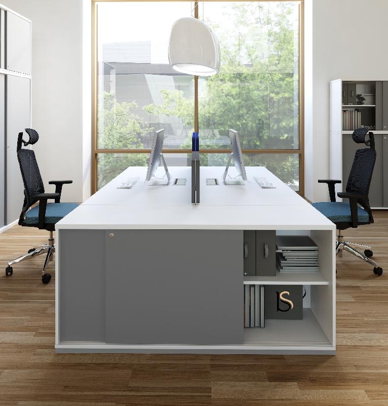 Armoire hauteur bureau avec portes coulissantes - MDD - Gris, Sans socle de finition_1