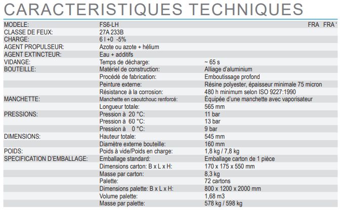 FS6-LH - Extincteur pressurisé à eau additivée - Corps en aluminium - Capacité 6 L - Certifié PED, MED et NF-EN3_1