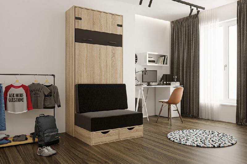 Lit escamotable style industriel KEY  SOFA chêne 90*200 cm Canapé Tiroirs Marron_1