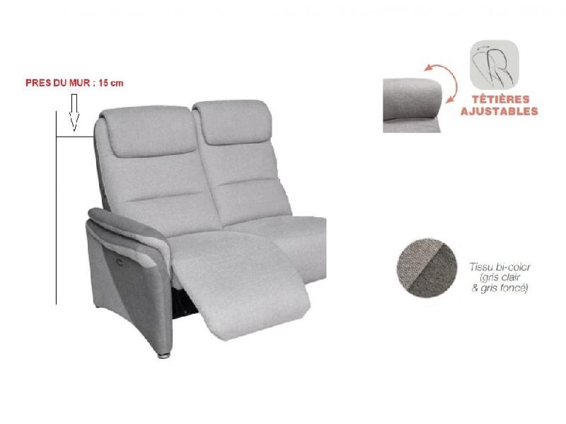 Canapé relax 2 places électrique ZILIA - tissu gris clair/gris foncé - têtières ajustables et moteur synchronisé_1