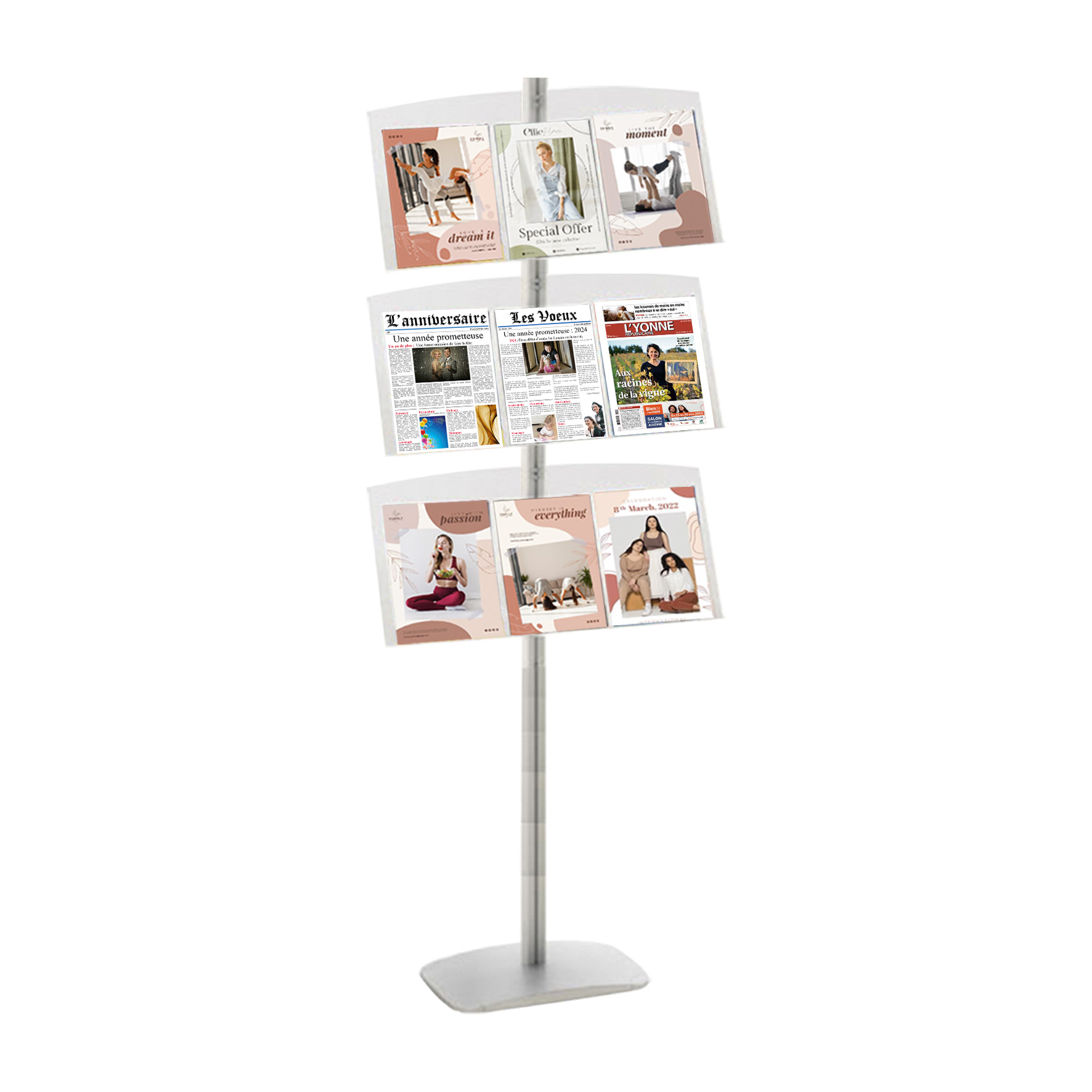 Présentoir vitrine presse - H 177 cm - Noir - 3 étagères plexiglass - Réf : 214173NR_1