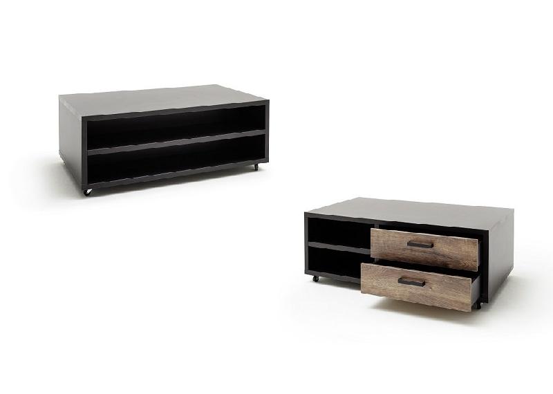 Table basse HALTON 115x45 - décor chêne barrique vieilli et gris cosmos mat - style industriel avec roulettes_1