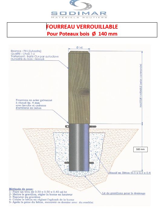 Fourreau pour poteau bois cadenassables avec cadenas pompiers et clé triangle (diamètre 140mm) - SODIMAR_1