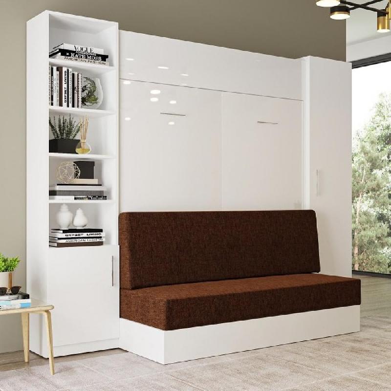 Lit escamotable Dynamo Sofa - Façade blanc brillant, canapé marron, couchage 160x200 cm - L 255 cm_1