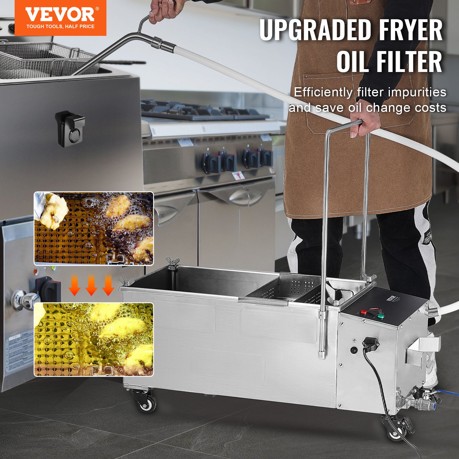 Filtre à huile pour friteuse VEVOR - Réservoir 55 L - Vitesse 10 L/min - Mobile avec roulettes et tuyau_1
