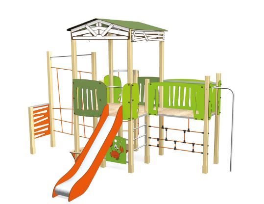 3760 - Structure pour aire de jeux Transalp - Maison haute avec grande toiture, toboggan et équipements ludiques_1