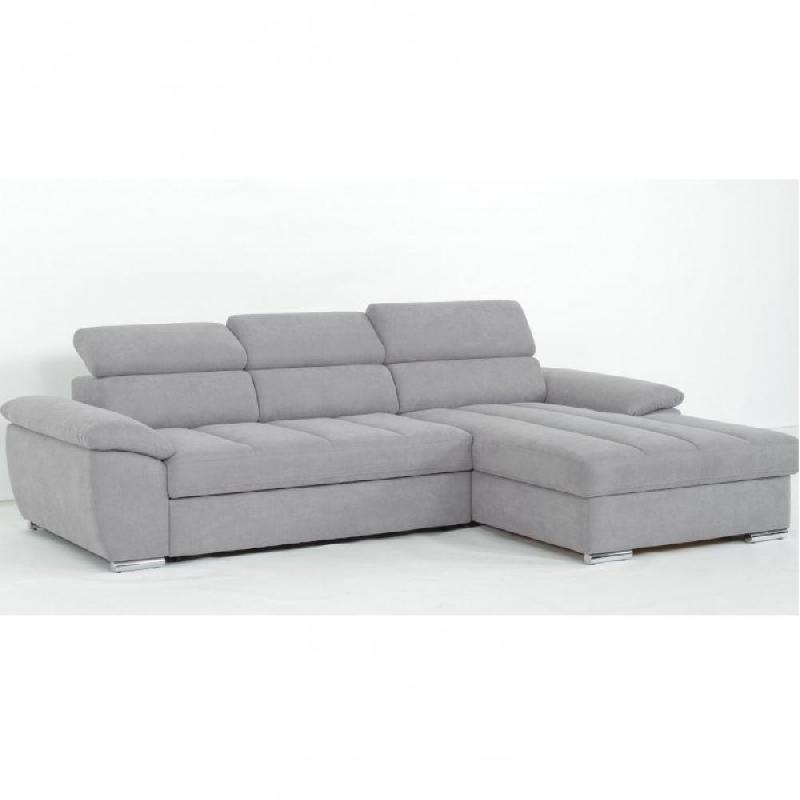 Canapé d'angle droit convertible avec méridienne coffre - tissu gris clair - couchage 140x200 cm - pieds métal chromé_1