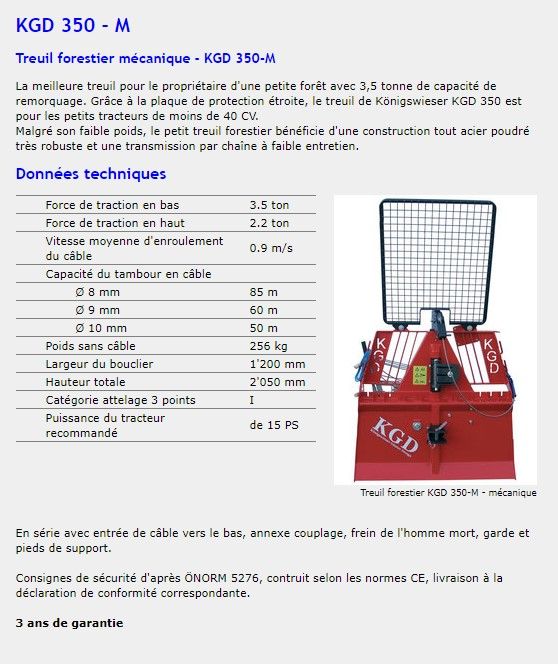 KGD 350-M - Treuil forestier mécanique Königswieser - 3,5 tonnes - Pour tracteurs < 40 CV - Poids sans câble 256 kg_1