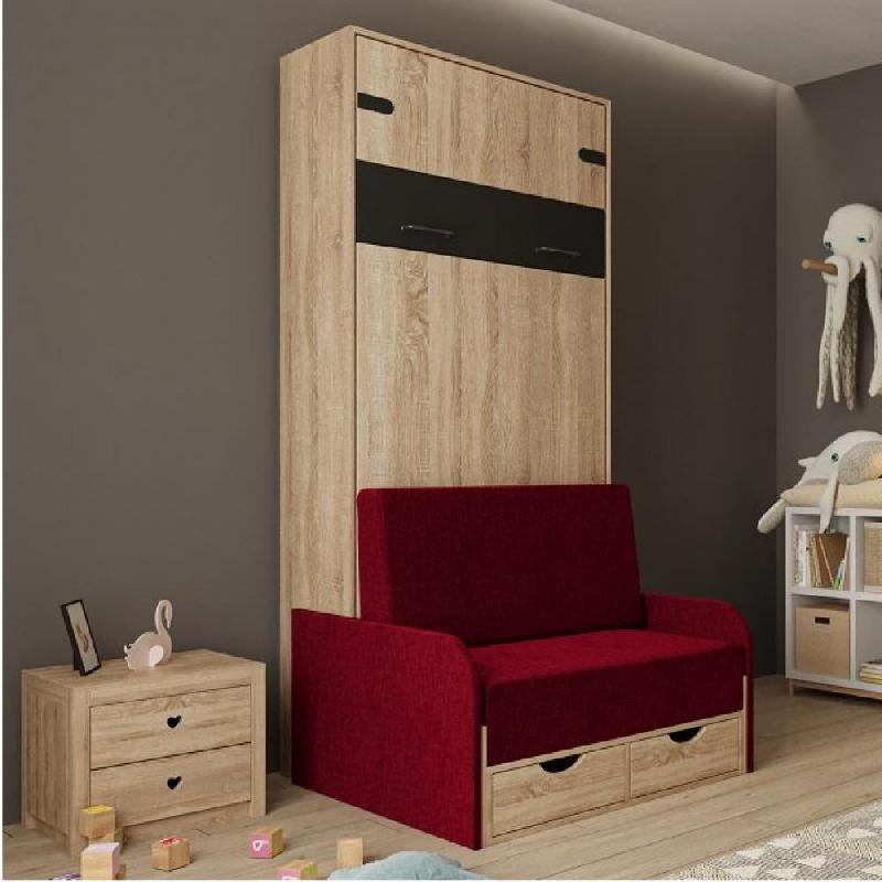 Lit escamotable style industriel KEY SOFA - Canapé rouge avec accoudoirs tissu, tiroirs, couchage 90x200 cm_1