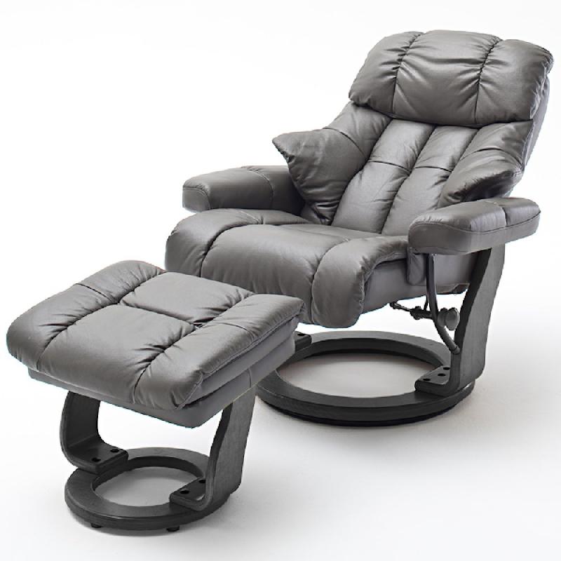 Fauteuil relax CLAIRAC - assise en cuir nougat, pieds en bois noir, avec repose-pied - inclinable 135° et rotatif 360°_1