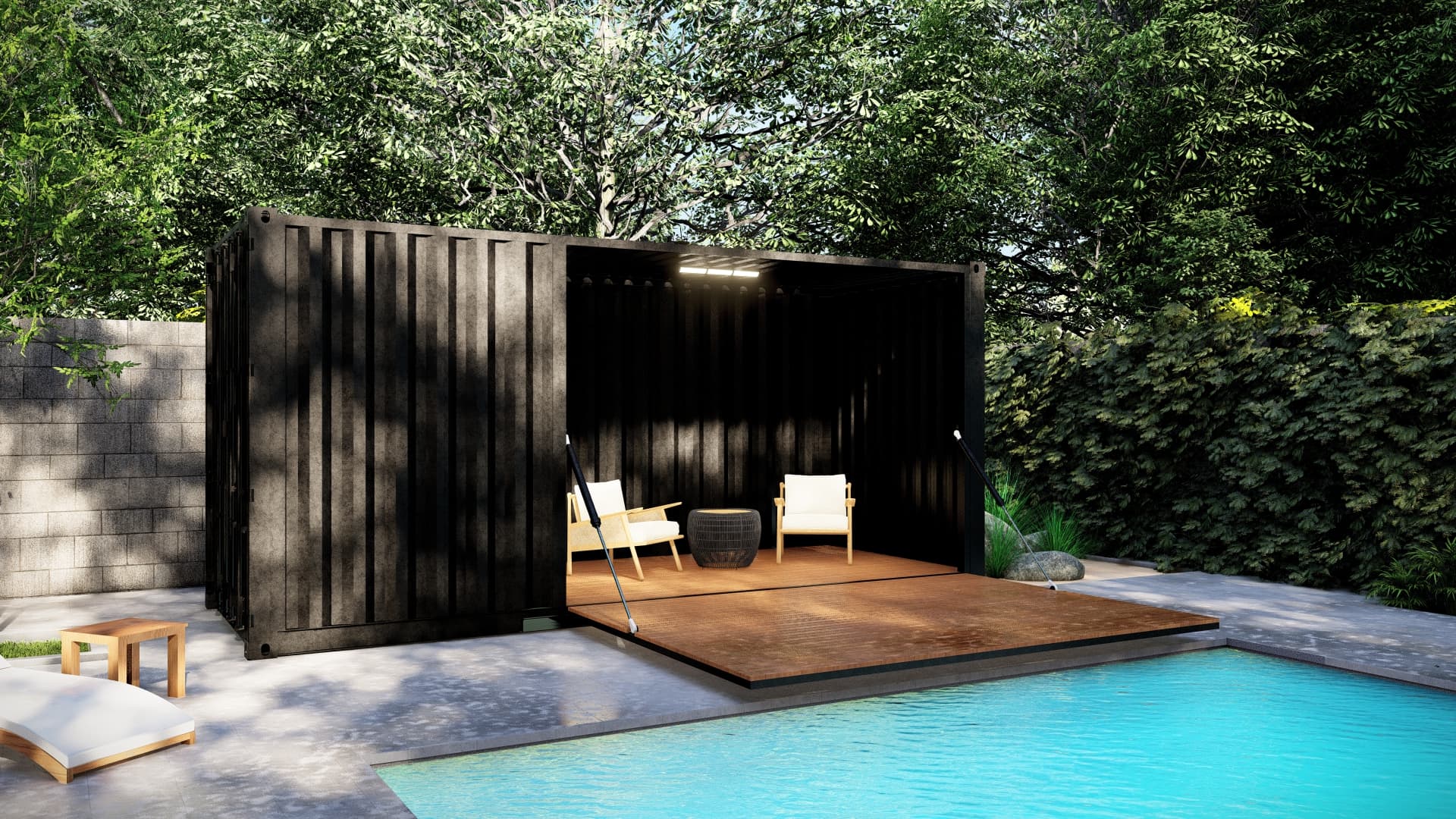 Structure en container 20 pieds avec terrasse ouverte et local fermé