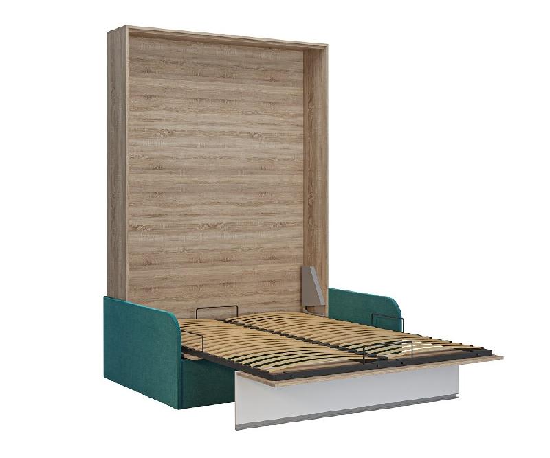 Armoire lit escamotable Bermudes Sofa - Chêne bandeau blanc - Canapé bleu - Couchage 140x200 cm_1