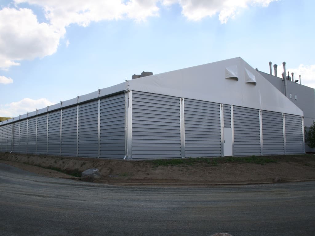 Tente de stockage fermée clearspan / structure démontable en acier / couverture unie en pvc / ancrage au sol avec platine_1