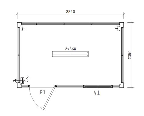 AIS-2 - Constructions modulaires Panelais - Dimensions 3840x2350 mm - Superficie 9,02 m² - Équipé d'un panneau aggloméré hydrofuge et revêtement de sol vinyle_1