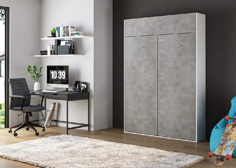Armoire lit escamotable Dynamo blanc mat - façade gris béton - couchage 160 x 200 cm - ouverture assistée_1