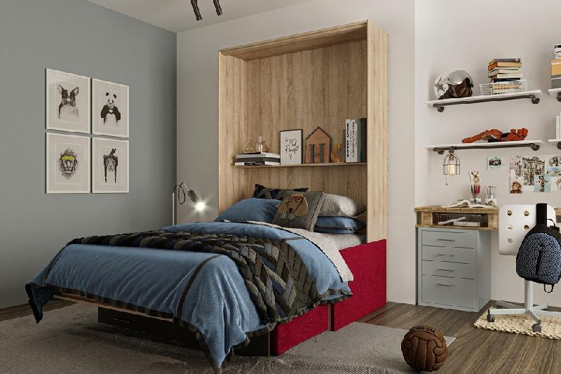 Lit escamotable style industriel KEY  SOFA chêne canapé accoudoirs tissu rouge 140*200 cm_1