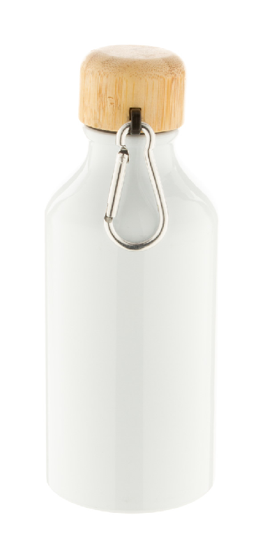 Bouteille en aluminium - 400 ml - Couvercle bambou et mousqueton - Couleur blanche_1