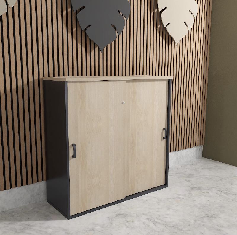 Armoire mi-haute à portes coulissantes - Mobel Linea - 100, Gris anthracite, Acacia clair_0