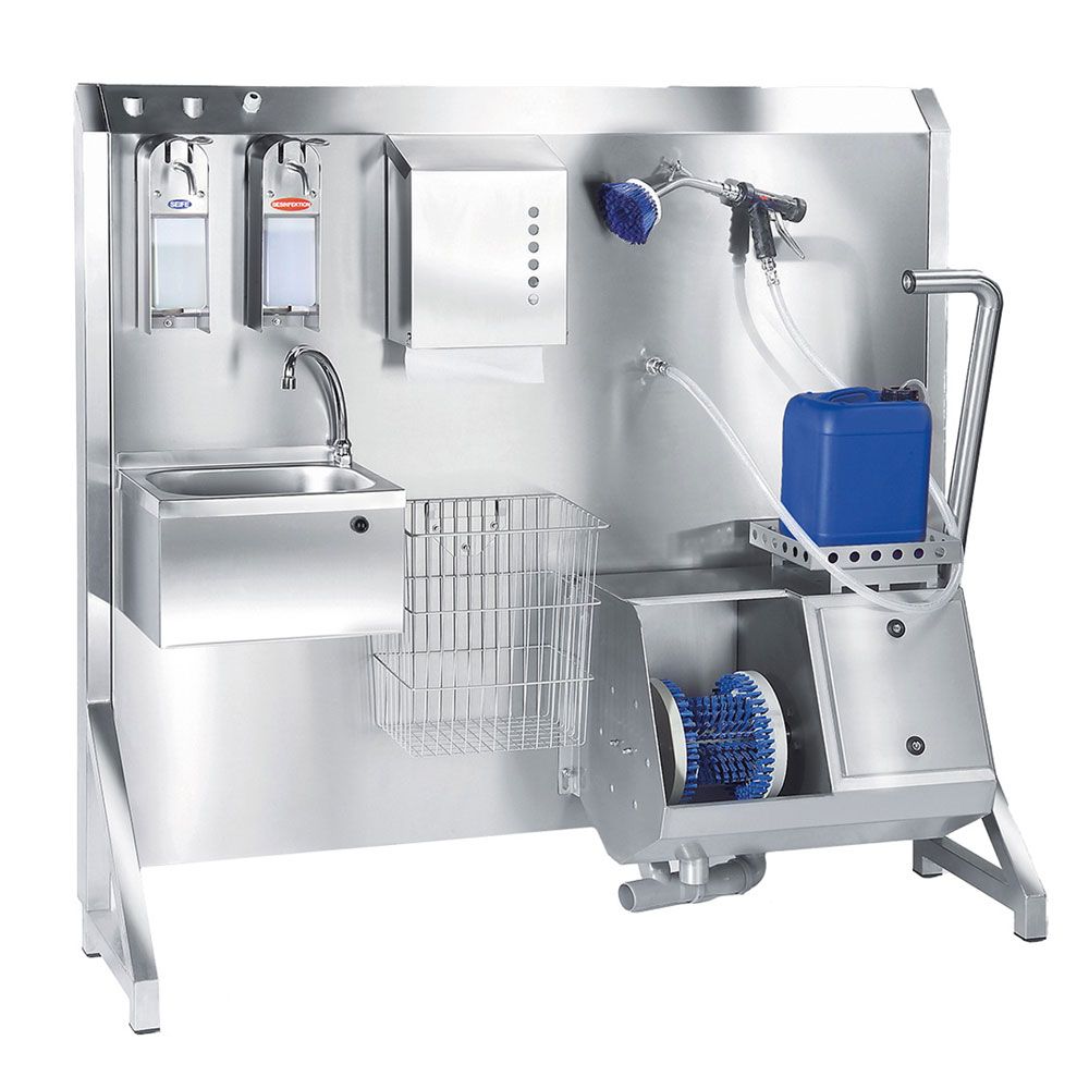 Station d'hygiène mur compacte - 2 distributeurs manuels de savon/désinfectant - Lavabo sans contact - Nettoyage mains et semelles_0