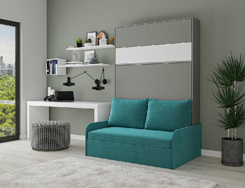 Armoire lit escamotable Bermudes Sofa - Canapé bleu avec bandeau blanc 160x200 cm_1