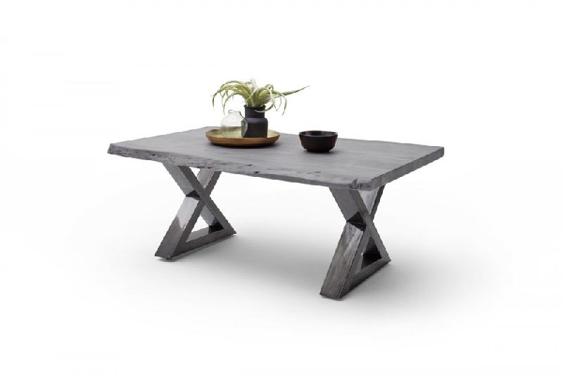 Table basse CLAREN - Plateau en acacia massif laqué gris 110 cm - Piétement X acier finition vintage_1