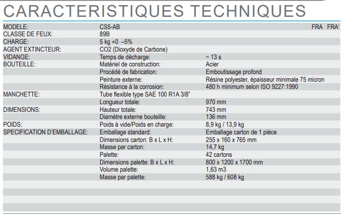 CS5-AB - Extincteur à dioxyde de carbone (CO2) - Anaf - 5 kg - Certifié PED, MED et NF EN3_1