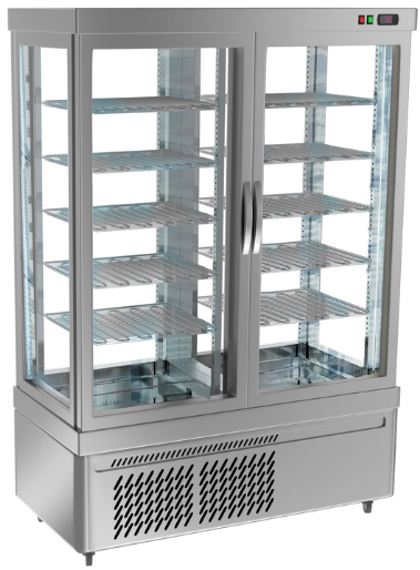 Vitrine réfrigérée positive à pâtisserie sur roulettes avec 4 côtés vitrés et 10 étagères - couleur argent_1