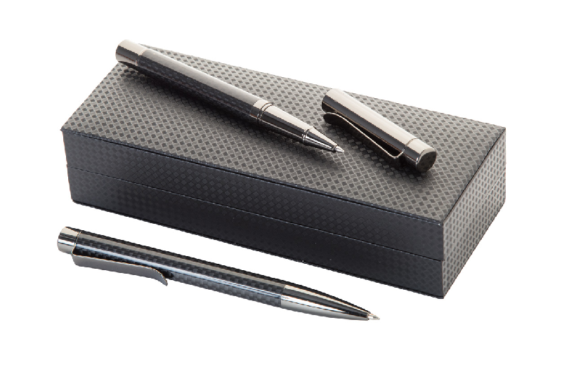 Set écriture - stylo à bille et roller en métal - motif carbone - boîte cadeau_1