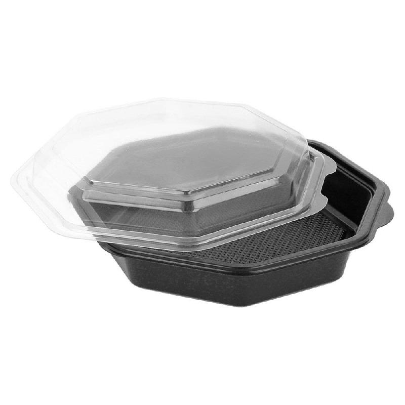 Barquette octogonale fond noir avec couv transparent 680cc 19x19x5cm - par 300_1