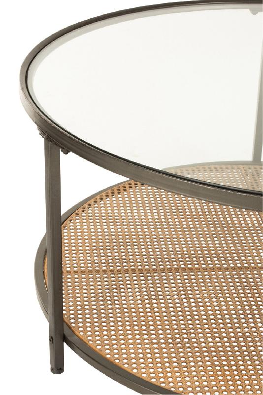 Table basse Tazzy - ronde en verre trempé et métal - design élégant avec plateau inférieur quadrillé bois naturel_1