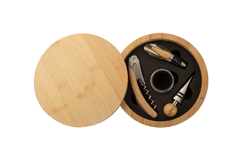 Set à vin - tire-bouchon, bouchon et embout en acier inoxydable avec boîte en bambou_1
