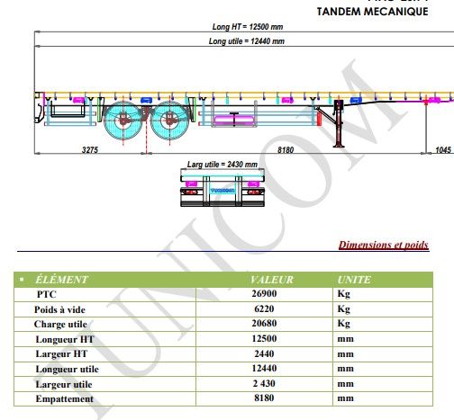 Plateau tandem simple - remorque plateau pour poids lourd - tunicom - ptc 26900 kg_1