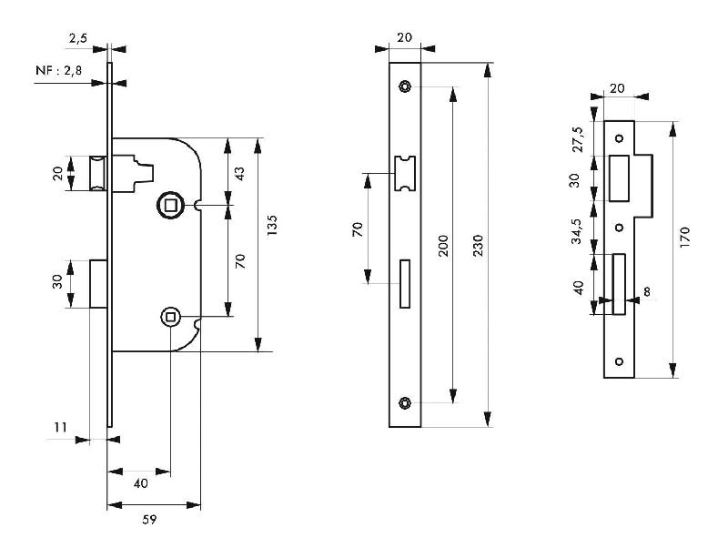 Serrure encastrable pour porte d'intérieur NF V/BC - acier embouti, réversible, finition époxy noir ou zinguée_1