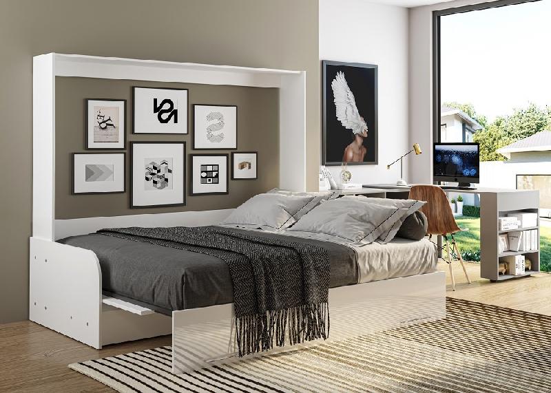 Armoire-lit escamotable VERTIGO SOFA - Accoudoirs blanc mat - Façade blanc brillant - Canapé gris clair 160x200 cm_1