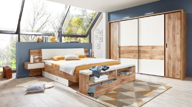 Lit Vironi 160x200 cm avec chevets, étagère en verre et éclairage LED - Chêne et blanc_1