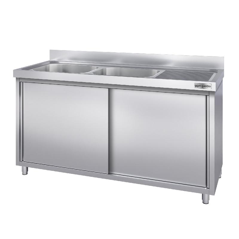 Plonge inox 2 bacs et égouttoir sur placard - P 600 mm - 1400 mm bac à gauche_1