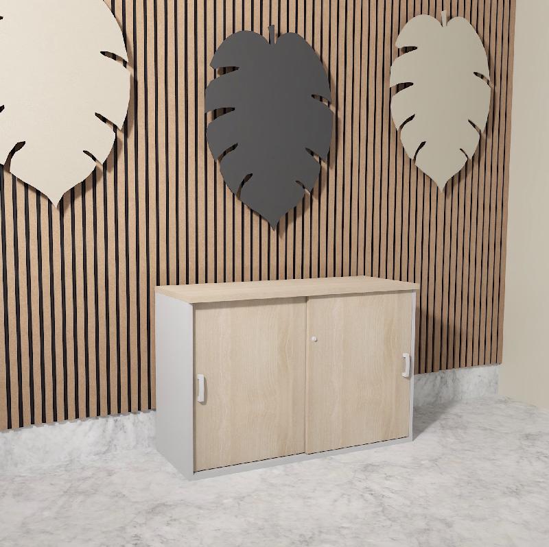 Armoire basse à portes coulissantes Mobel Linea. - 100, Gris aluminium, Acacia clair_2