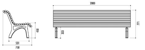 Banc public Plaza - 19 lames en bois exotique traité - Piétement en fonte avec platine centrale_1