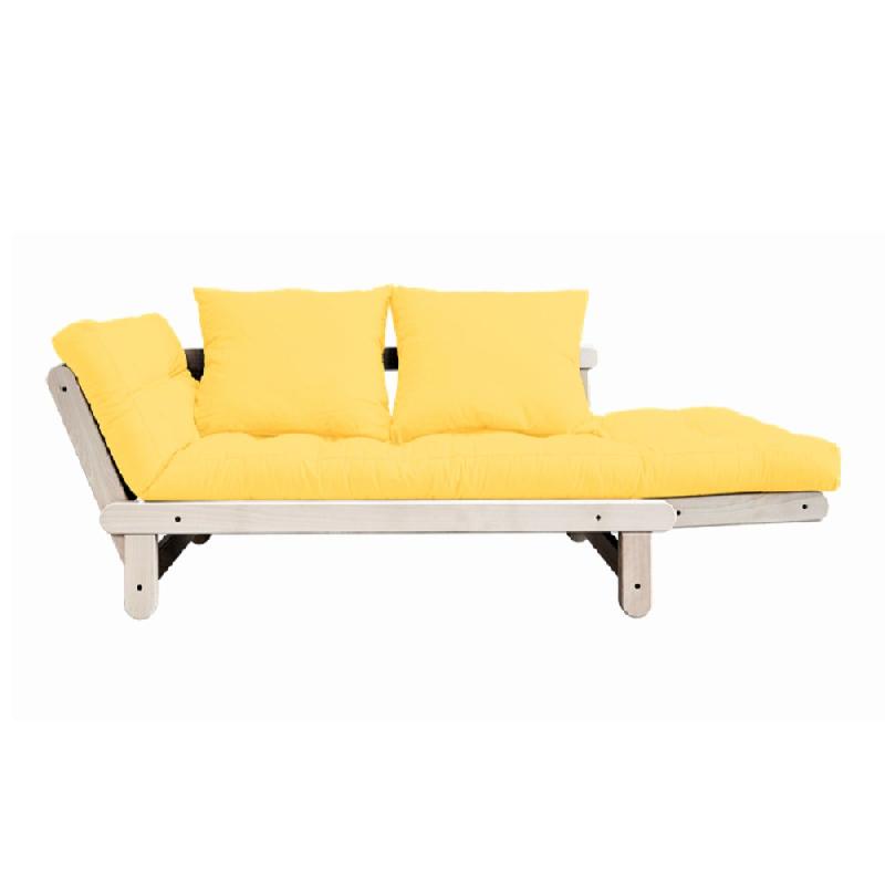 Banquette méridienne futon BEAT - Pin naturel et tissu jaune - Couchage 75x200 cm - Convertible et multifonctions_1